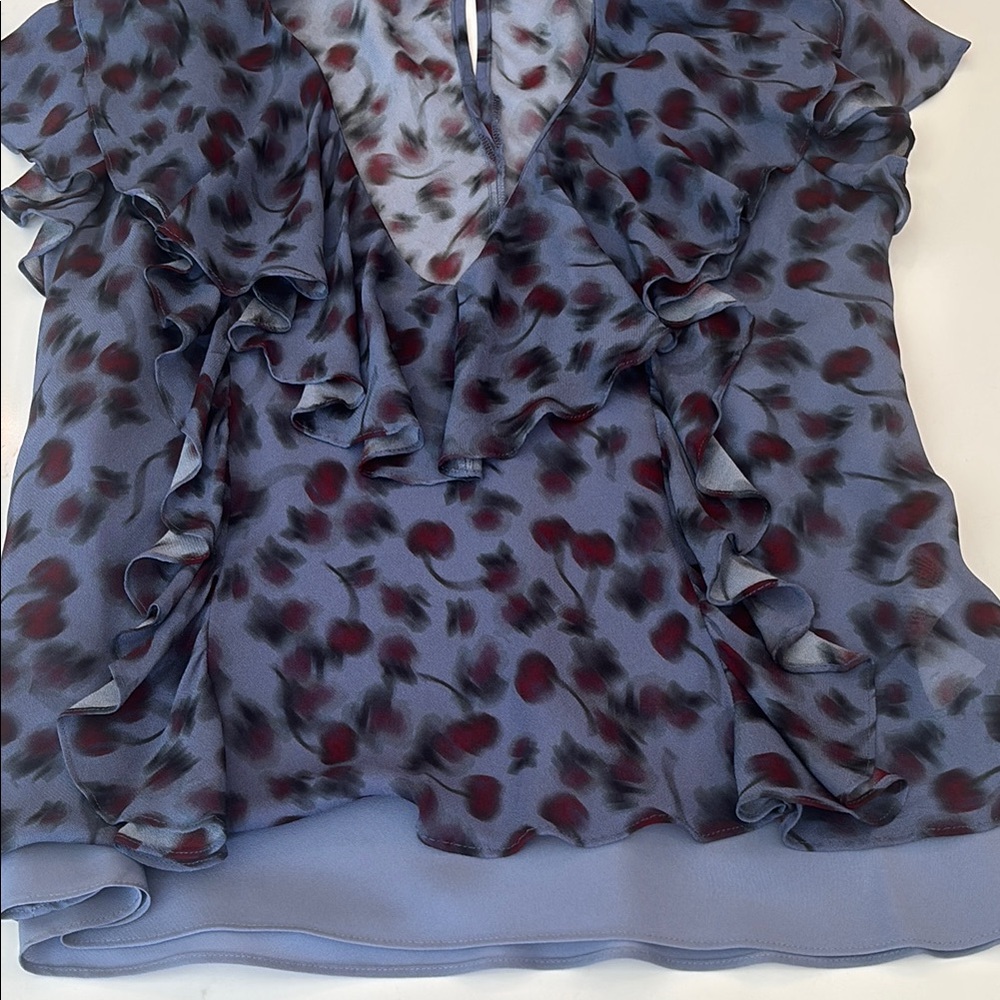 J. Crew Ruffled Chiffon Cap Sleeve Blouse Blue Grey with Cherry Print Size XS - Picture 9 of 10